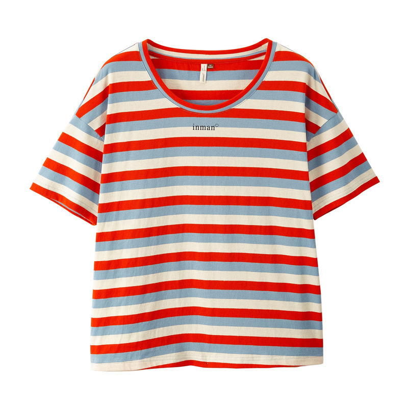 茵曼t恤女2019夏装新款文艺小清新彩色横条纹短袖衫宽松纯棉上衣