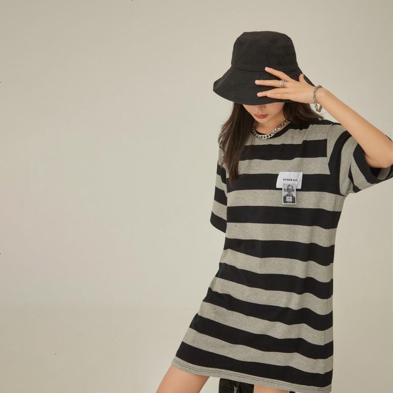 OtherMix条纹T恤连衣裙女2021年夏季新款宽松圆领短袖中长裙子潮