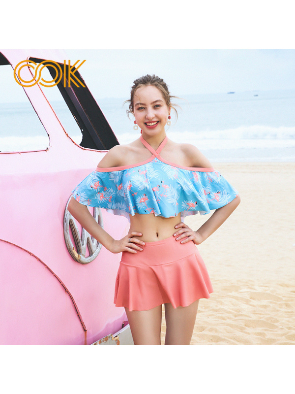 OOK女士连体泳衣复古露肩上衣荷叶边裙两件套温泉泳装游泳衣