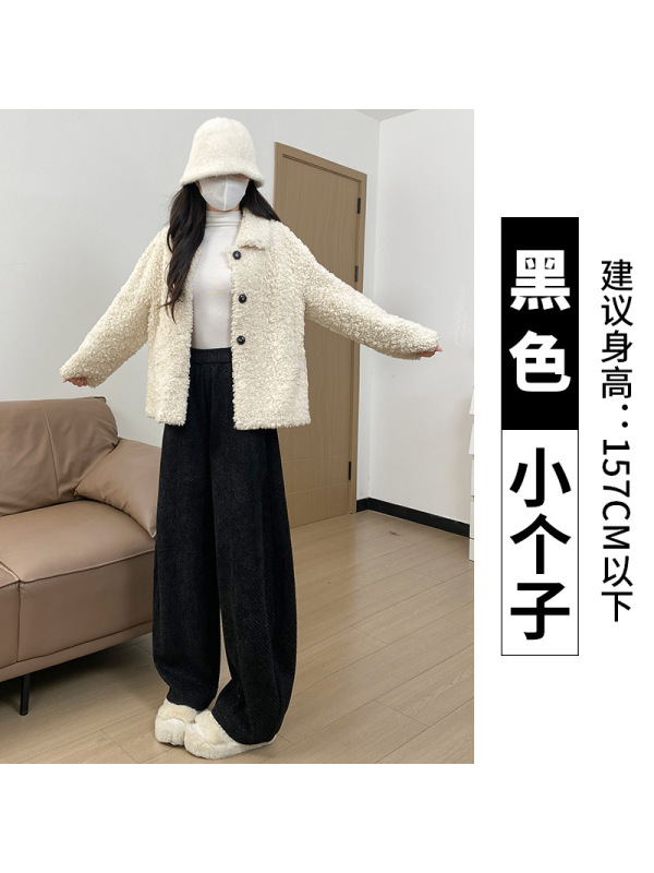 灰色毛呢裤女秋冬季加绒灯芯绒直筒小个子加厚羊羔绒阔腿裤子