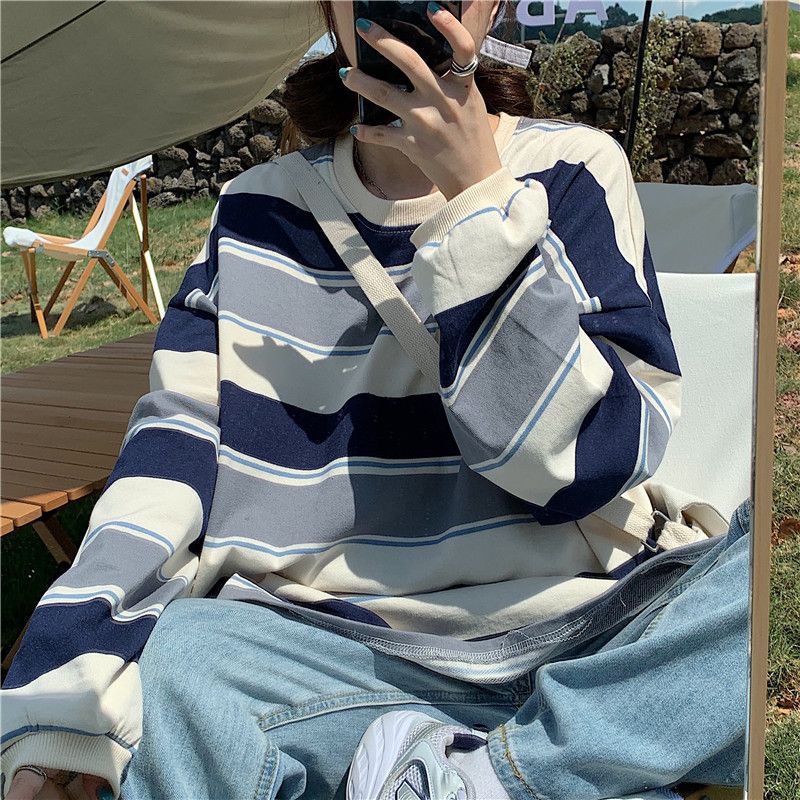 韩版条纹T恤女装宽松百搭新款春秋季中长款长袖上衣服ins潮