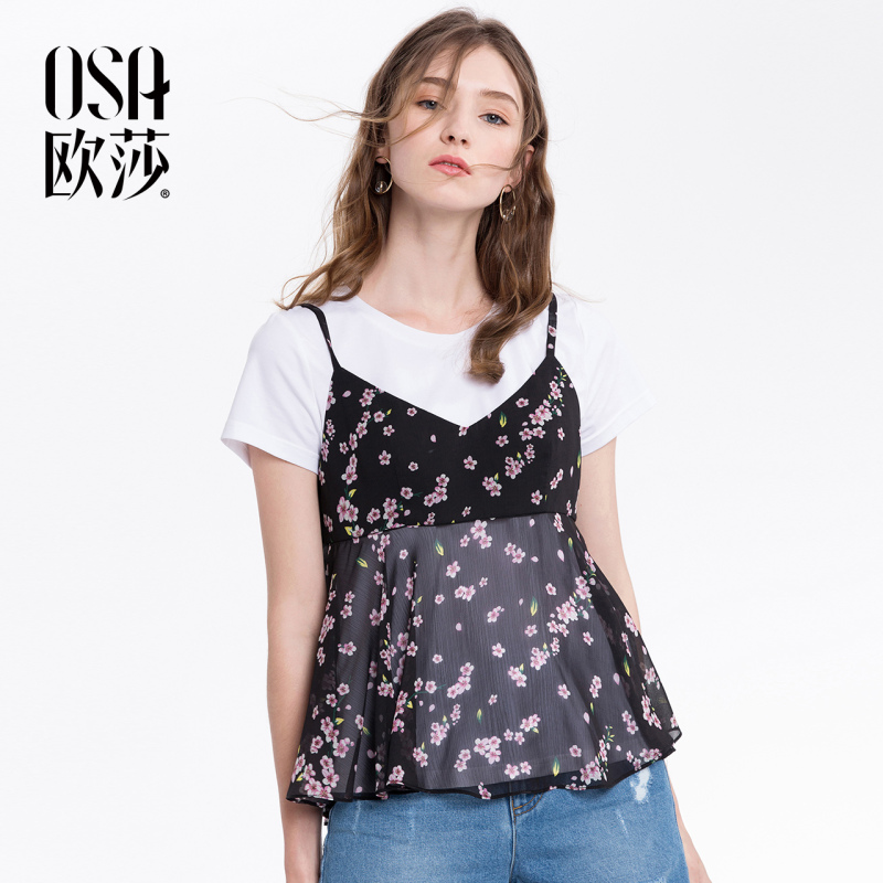 OSA欧莎2018夏季复古chic风宽松两件套T恤碎花吊带雪纺衫女