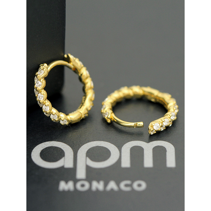 apm MONACO金黄色螺旋镶晶钻单圈小耳环925银耳饰经典穿孔耳坠女士首饰欧美风格AE11567OXY