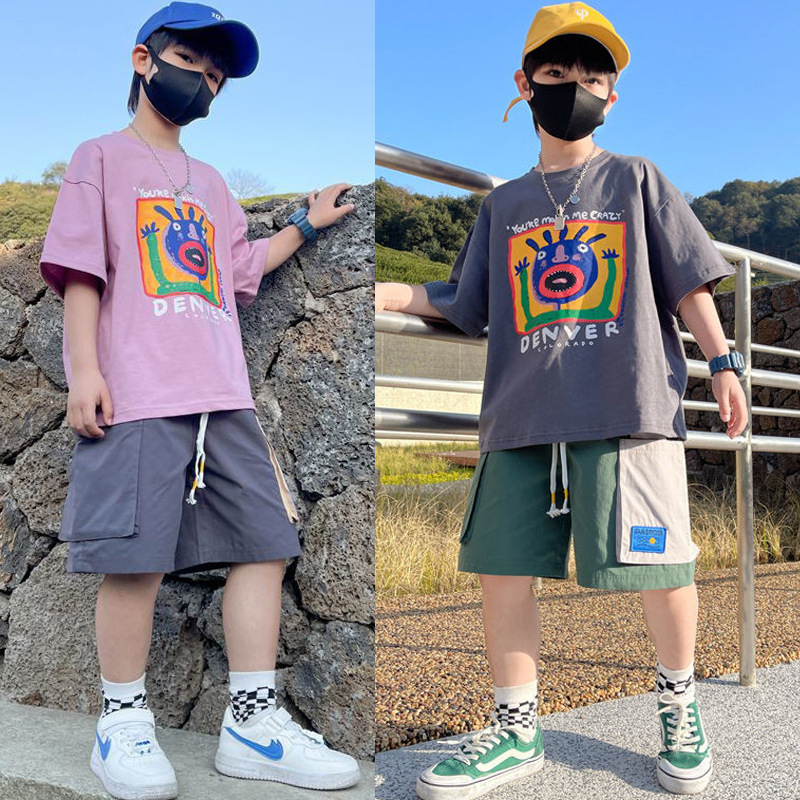 儿童装中大男童时尚短袖套装夏季新款卡通五分裤休闲两件套潮