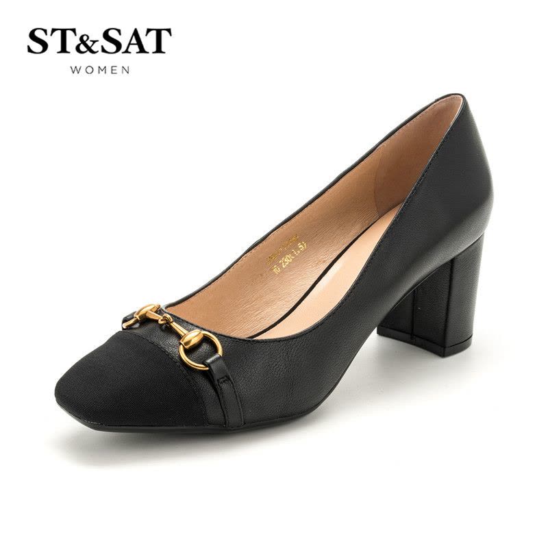 St&Sat/星期六春新商场同款方头粗高跟拼接女单鞋SS81111246图片
