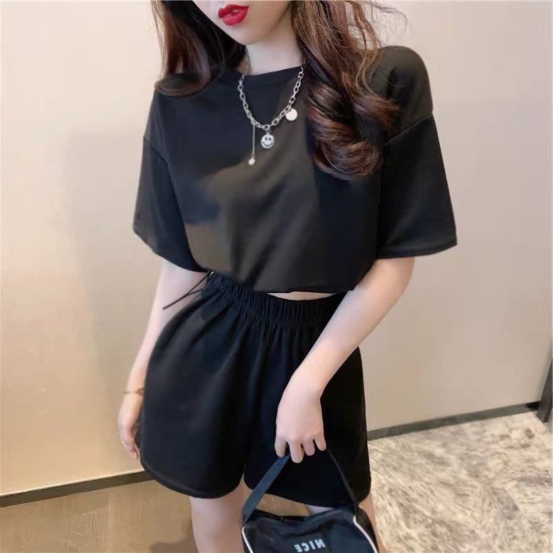 纯色抽绳短袖T恤夏季新款高腰显瘦宽松百搭运动短裤两件套装图片