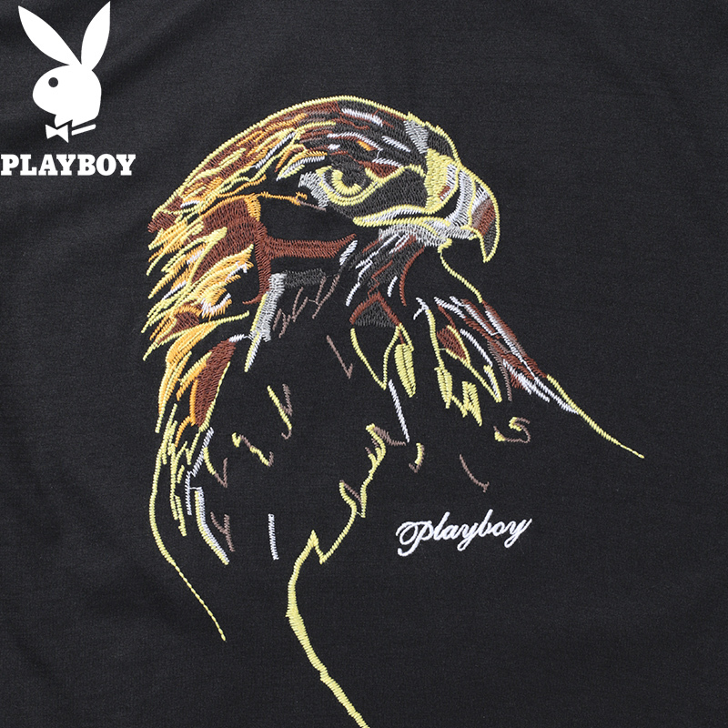 花花公子(PLAYBOY)短袖T恤男夏季新款个性印花时尚黑色青年圆领衣服男士 潮