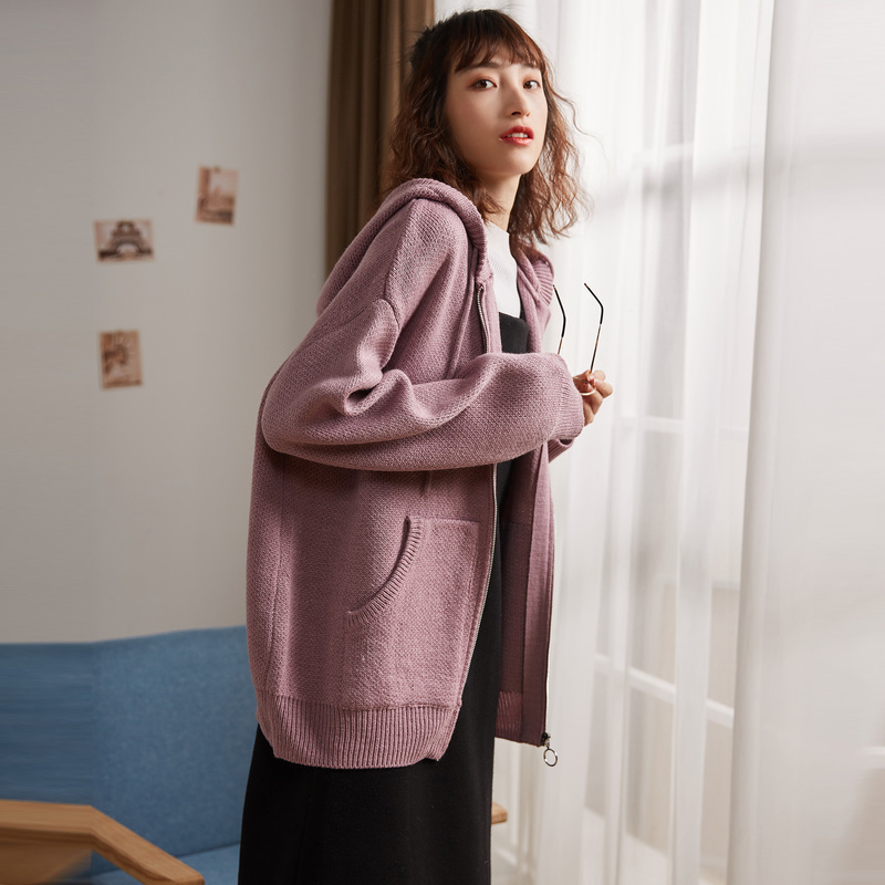 唐狮2019春新款针织衫女开衫连帽宽松韩版学生毛衣外套中长款潮
