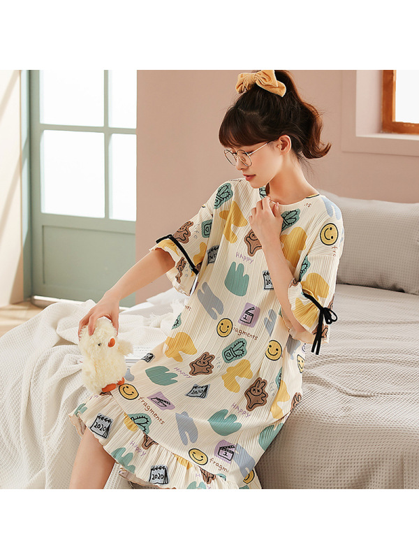 睡裙女夏季棉质短袖薄款 中长款睡衣韩版可爱卡通家居服连衣裙 Z361 M