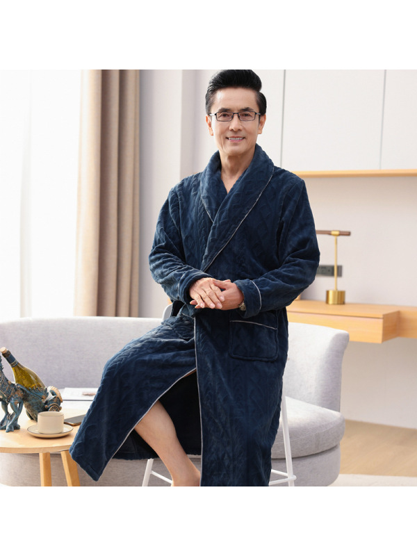 法兰绒睡袍男秋冬加绒加厚冬天中长款加大码保暖珊瑚绒浴袍家居服