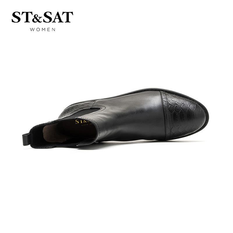 St&Sat/星期六冬季新款牛皮拼接蛇纹圆头短靴女鞋SS64117122图片