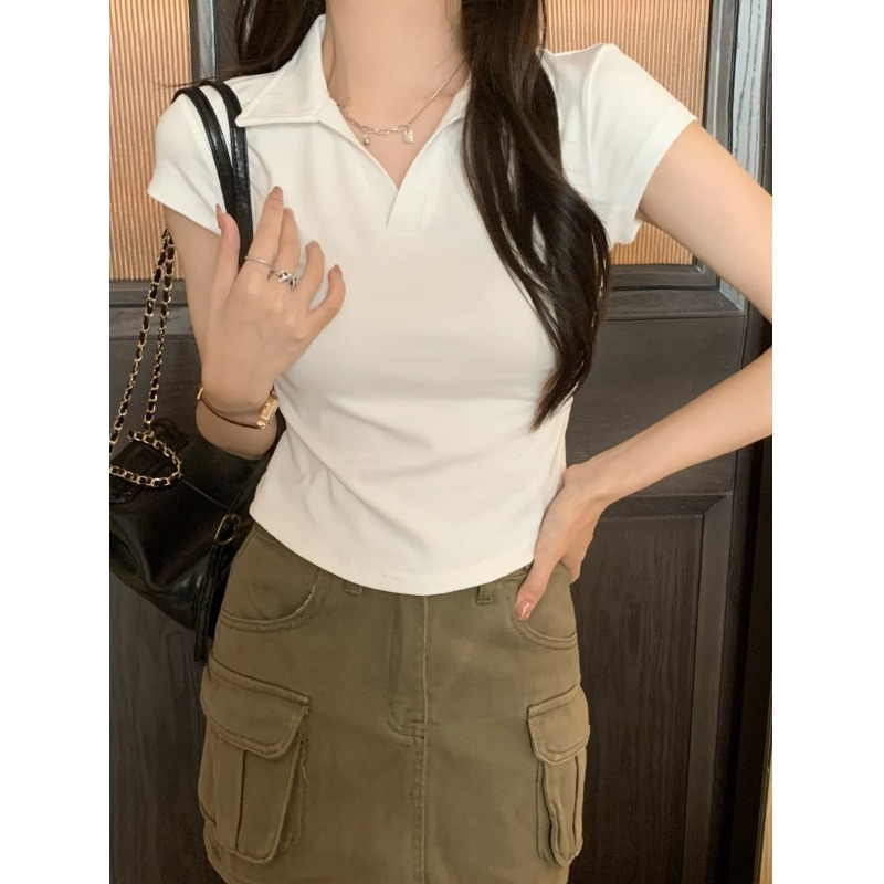 夏季辣妹修身显瘦正肩T恤女短袖设计感不规则褶皱短款Polo衫上衣