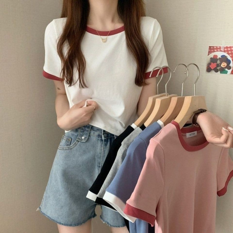 撞色圆领短袖T恤女夏季新款学生打底衫韩版修身短款上衣韩国女装