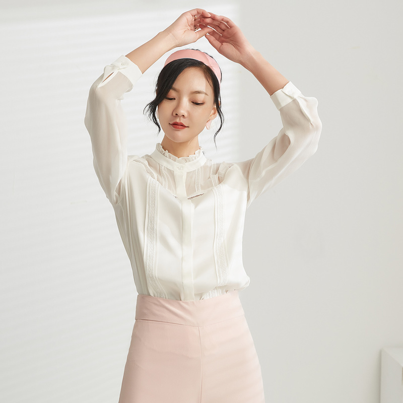 金菊真丝衬衫女2020春季新款蕾丝长袖气质衬衣洋气纯色上衣女