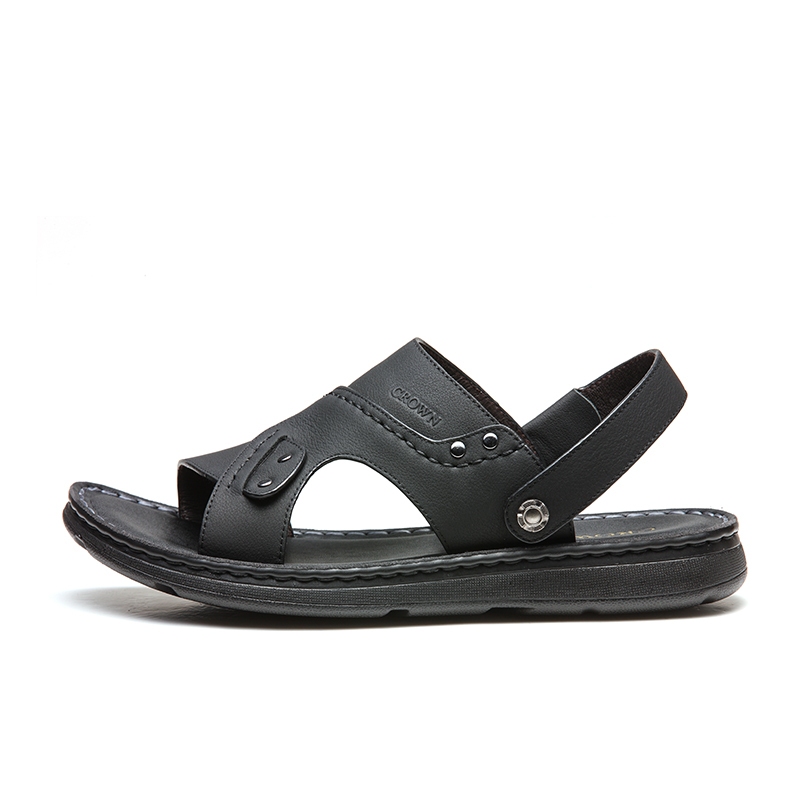 crown凉鞋男真皮沙滩鞋夏季新款潮男士露趾两用拖鞋防滑休闲鞋男鞋