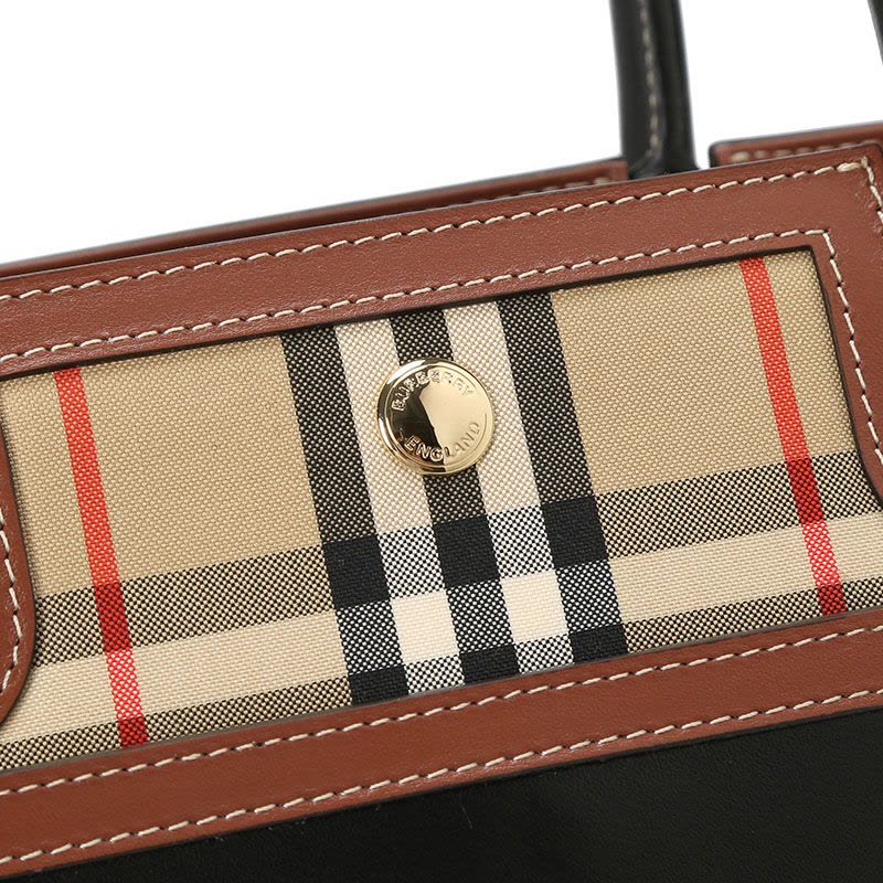 预售 博柏利BURBERRY Title 通勤手拎小号 字母印字标格纹拼皮 女士手提包 8025269金扣图片