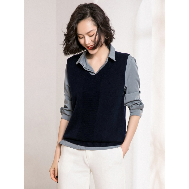 恒源祥纯色羊毛背心女秋冬19新款套头针织衫v领无袖马甲外搭毛衣