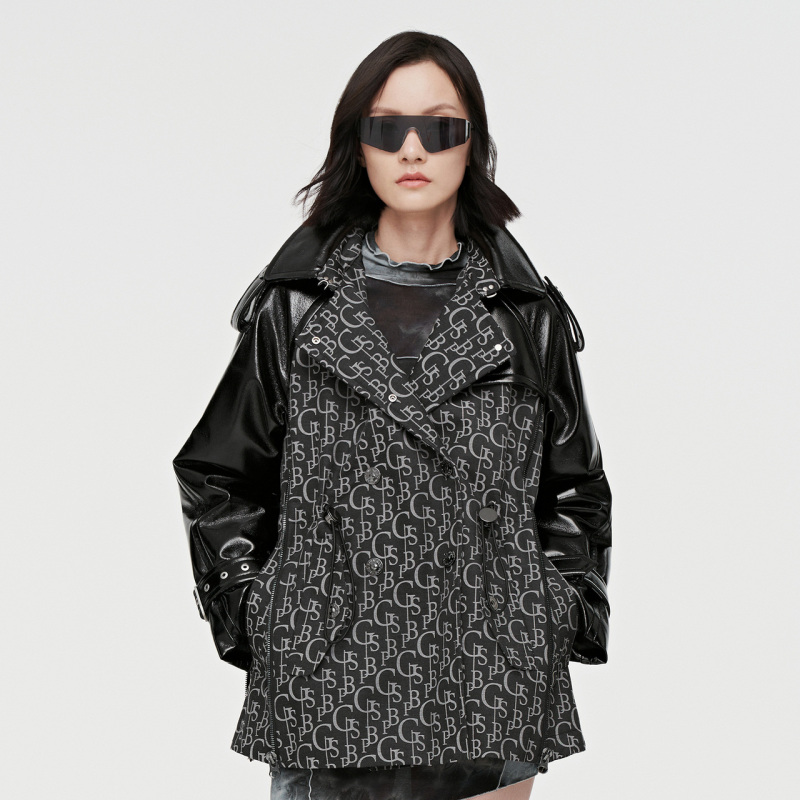 波司登女鹅绒羽绒服设计师时尚廓形环保皮革拼接风衣领抽绳x显瘦