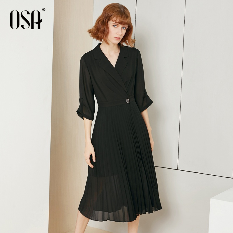 OSA欧莎黑色百褶连衣裙女夏2019新款时尚OL职业气质西装裙子超仙