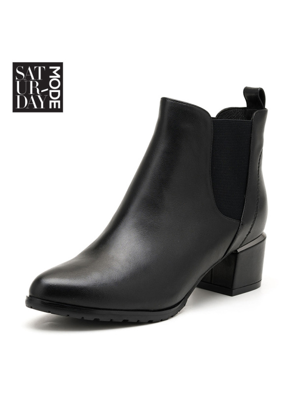 SATURDAYMODE牛皮革粗跟圆头休闲短靴MD64116108