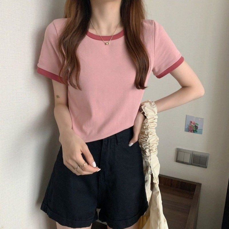 撞色圆领短袖T恤女夏季新款学生打底衫韩版修身短款上衣韩国女装