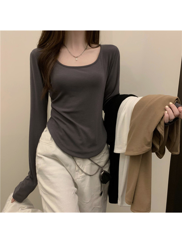 长袖T恤女式秋冬新款潮ins不规则修身学生休闲短款上衣少女打底衫