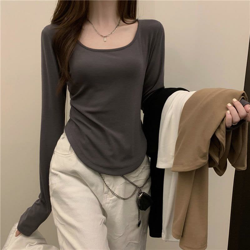 长袖T恤女式秋冬新款潮ins不规则修身学生休闲短款上衣少女打底衫图片