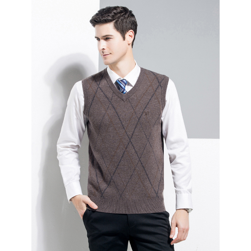 恒源祥男士纯羊毛衫秋冬款背心v领中年商务休闲针织毛衣马甲