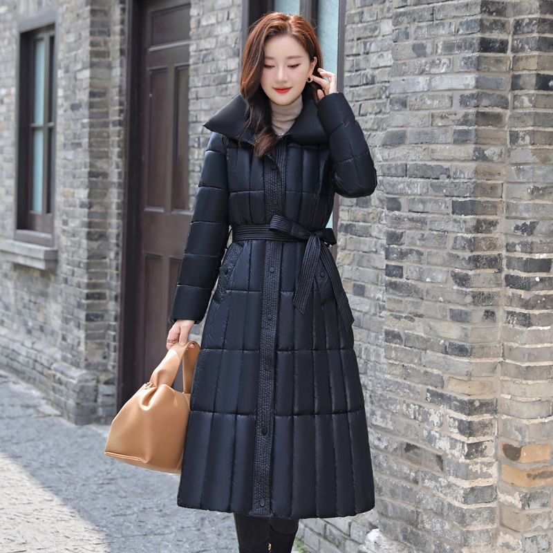 Three Sons棉服女中长款过膝翻领收腰系带显瘦棉衣中年气质棉袄2023秋冬新款