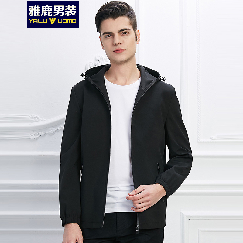 雅鹿男装夹克风衣男连帽修身男装上衣新款纯色休闲风衣外套男17208
