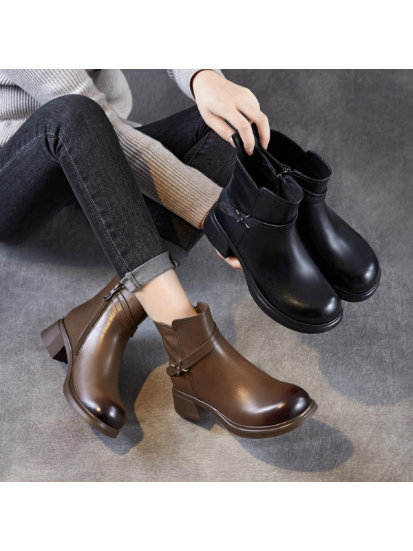 真皮马丁靴子女时装靴秋季新款通勤靴粗跟休闲短靴英伦单皮靴