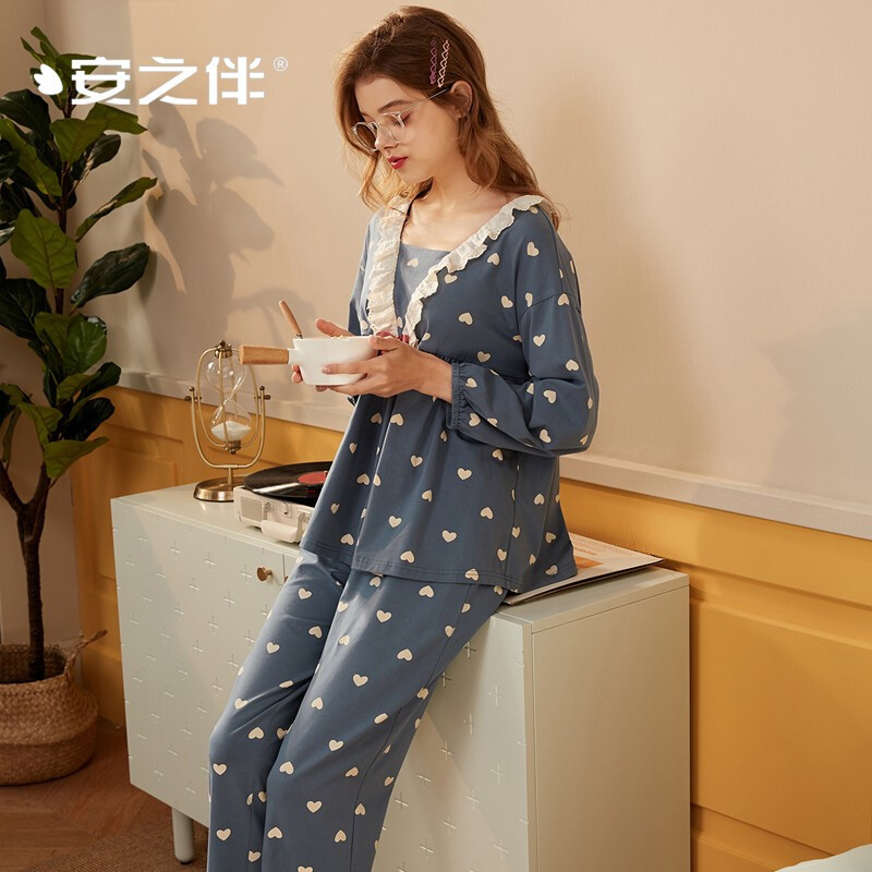 安之伴睡衣女春秋棉质弹力针织印爱心长袖女套装