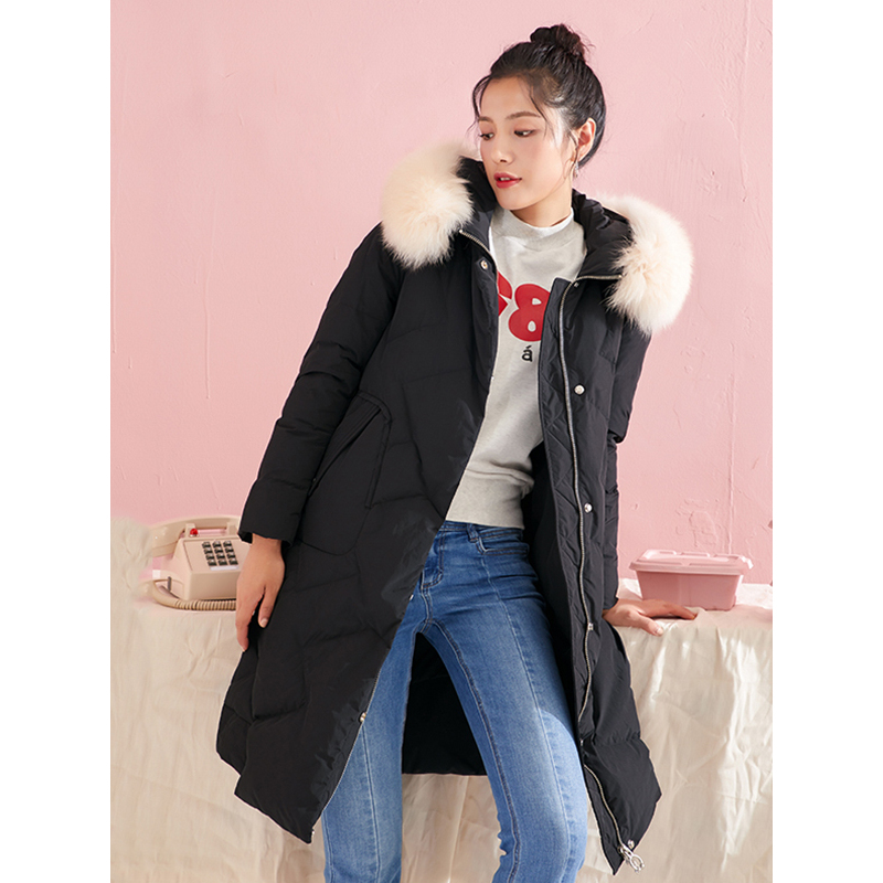 千仞岗2018新品羽绒服女狐狸毛领中长款直筒甜美羽绒外套