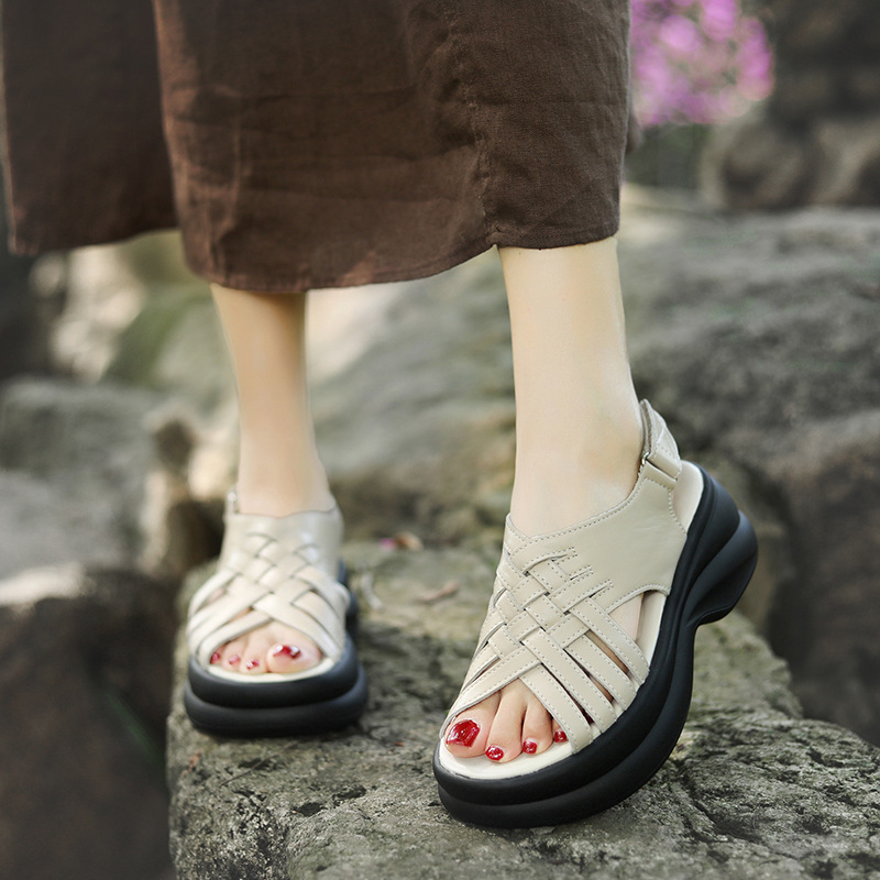 头层牛皮复古编织松糕厚底凉鞋女2025夏季新款百搭增高罗马凉鞋