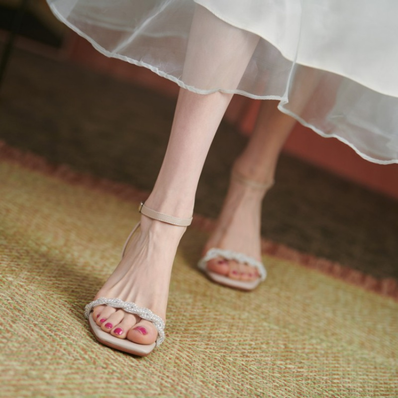 Tiauny一字带凉鞋女2021夏季新款露趾仙女风细跟小跟露趾高跟鞋凉鞋D50-6