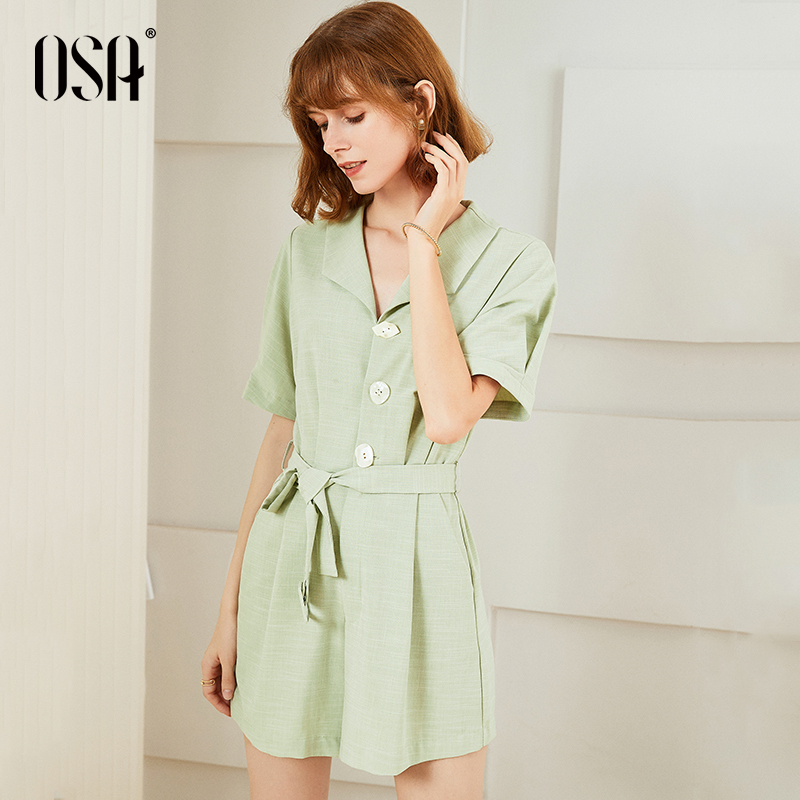 OSA欧莎阔腿连体裤女2019新款夏高腰显瘦裤子宽松韩版西装式短袖