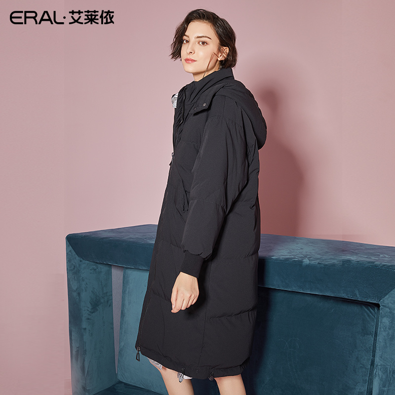 艾莱依2019秋冬新款韩版连帽宽松羽绒服大衣女士中长款