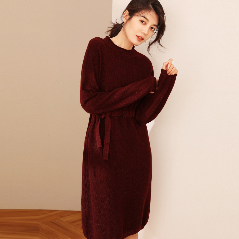 恒源祥2019秋冬中长款羊绒衫连衣裙女系带收腰针织衫亮丝毛衣中裙