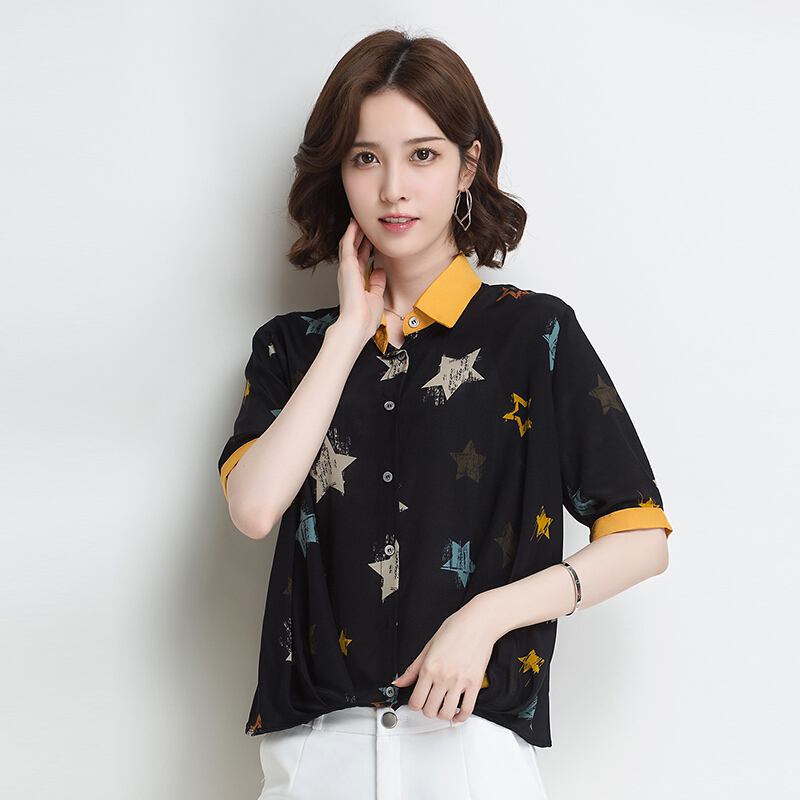 金菊女装春夏新款真丝印花衬衫女士小方领桑蚕丝上衣大码装真丝衬衫女