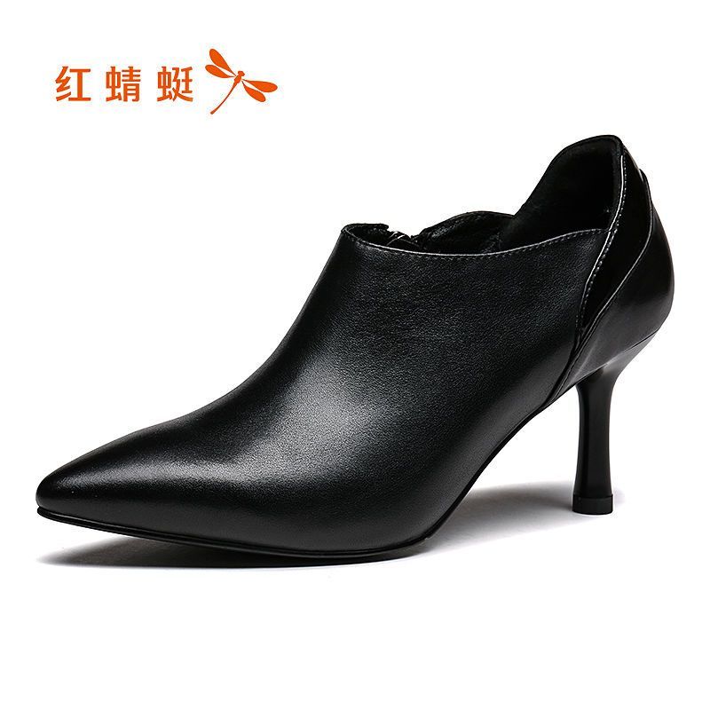 红蜻蜓女鞋秋季头层牛皮尖头细跟高跟鞋简约正装宴会职业单鞋