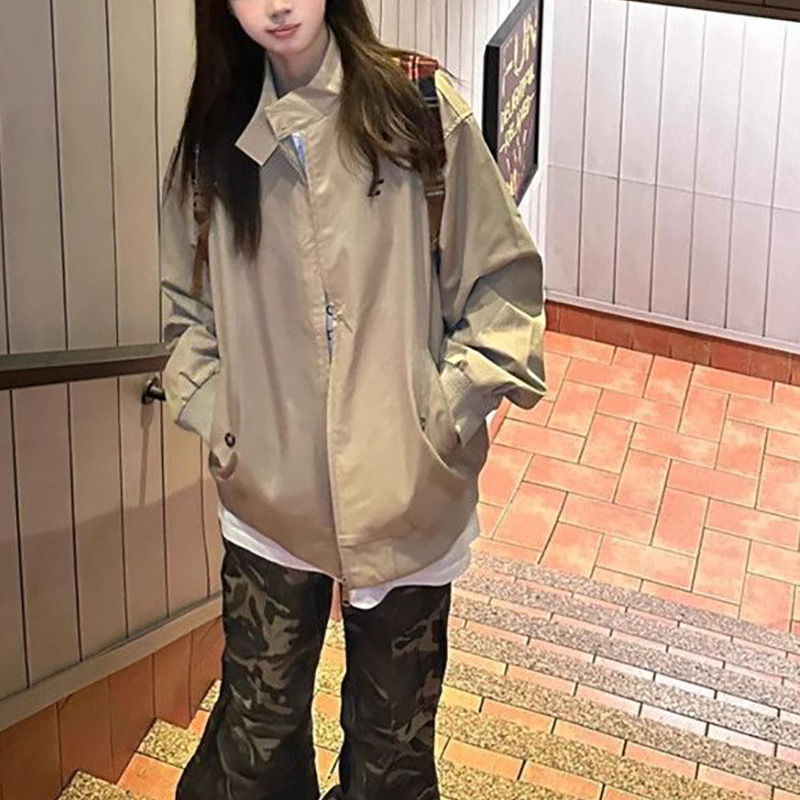 美式复古立领外套女春秋新款韩系ins宽松百搭情侣款卡其工装夹克