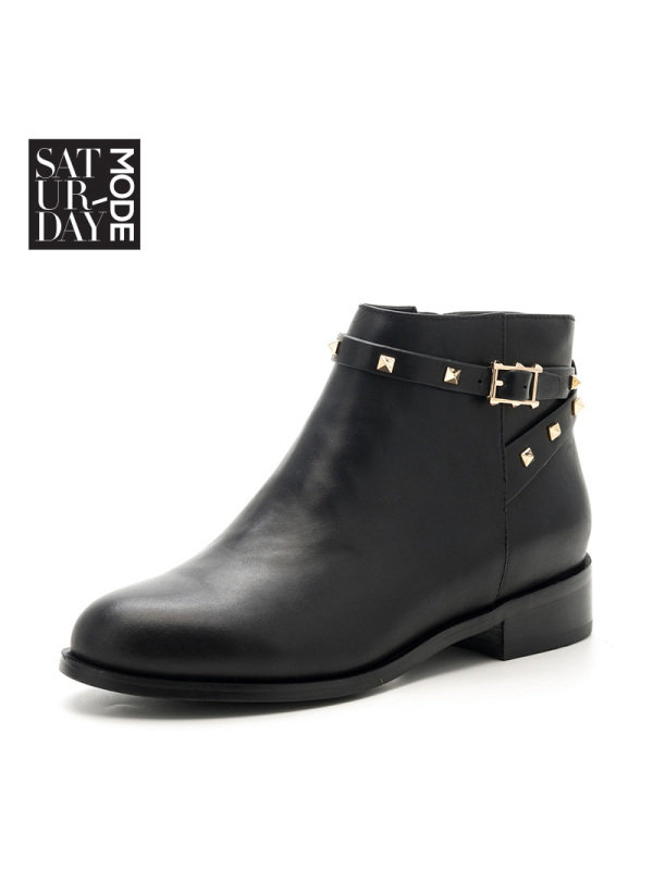 SATURDAYMODE牛皮革粗跟圆头休闲短靴MD64116218