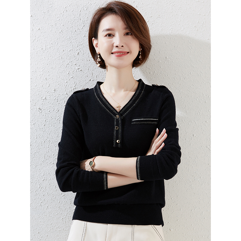 恒源祥女士羊毛衫2020新款纯羊毛秋冬V领女士长袖打底针织衫毛衣