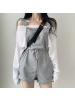 韩国chic优雅气质休闲百搭收腰宽松连体短裤背带裤+长袖打底T恤衫