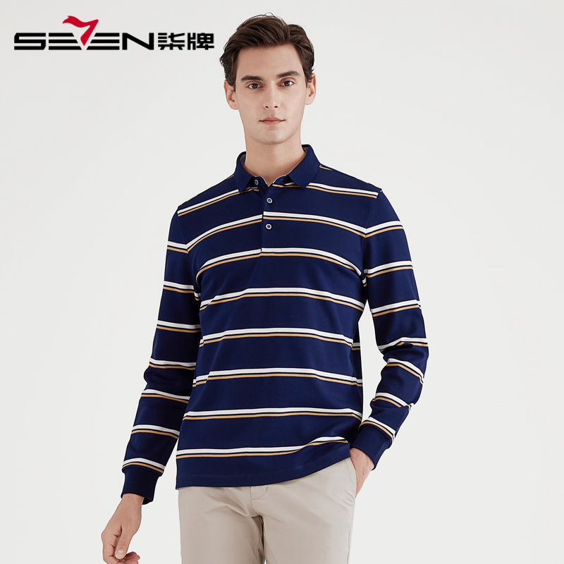 柒牌男装长袖polo衫男21春季翻领t恤潮流春季条纹上衣男士百搭打底衫