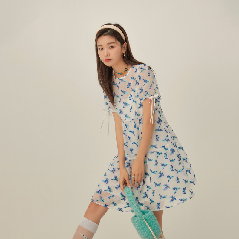OtherMix碎花泡泡袖连衣裙女2021年夏季新款印花短袖圆领宽松裙子