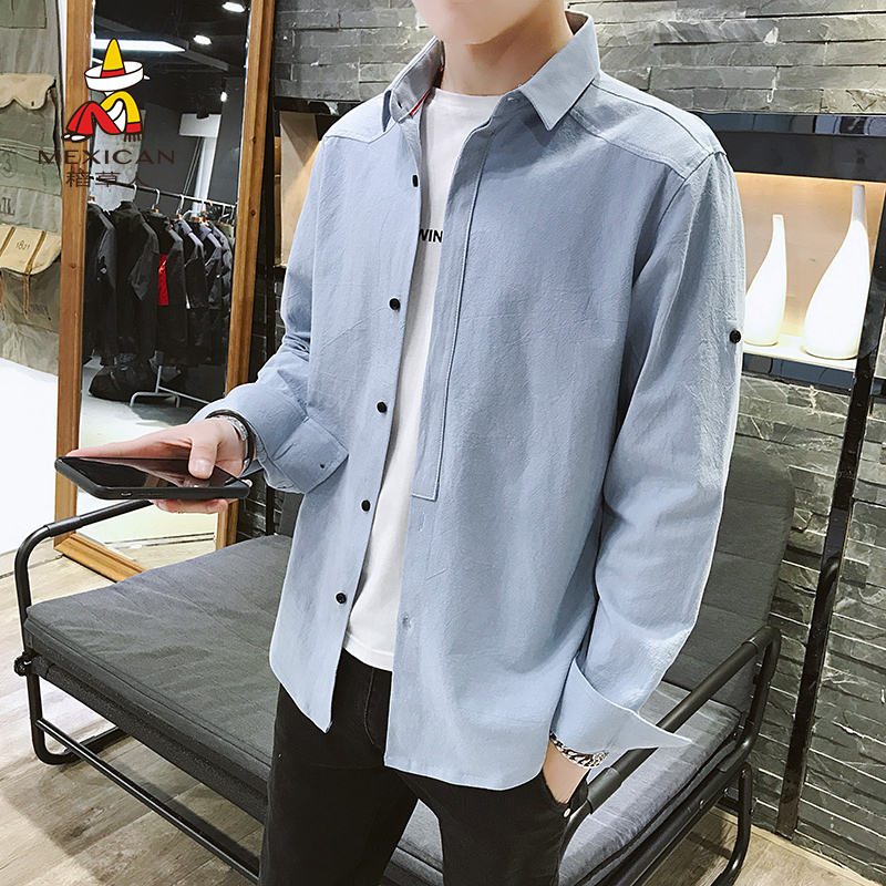 稻草人长袖衬衫男2019夏季新品男士修身纯棉衬衣时尚潮流外套男