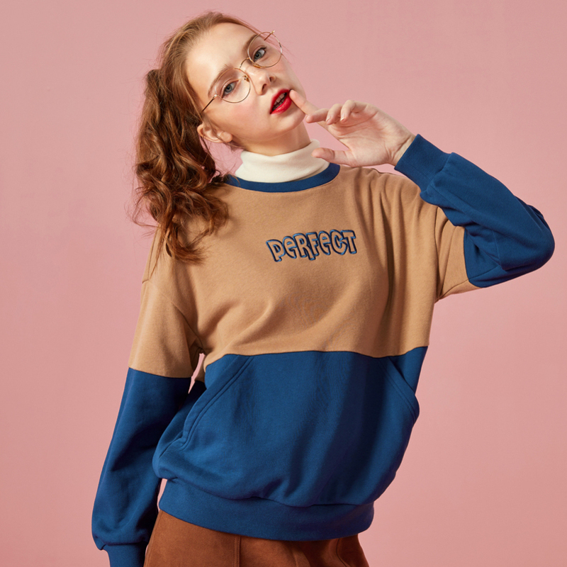 semir森马卫衣女年轻春秋时尚潮流撞色字母刺绣韩版圆领套头衫