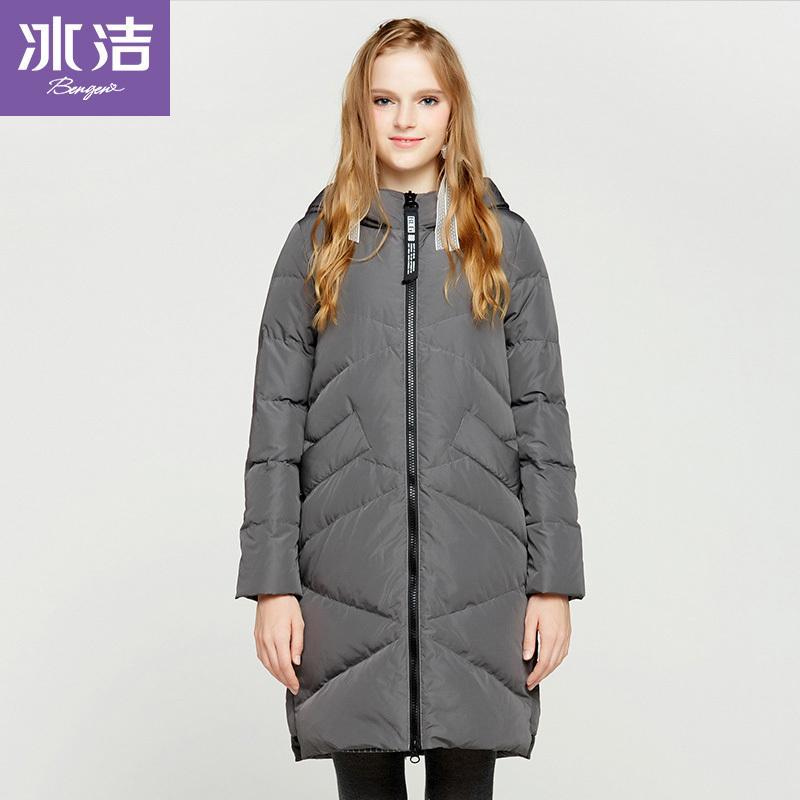 冰洁bengen冬季连帽纯色羽绒服女士冬季中长款外套羽绒服女