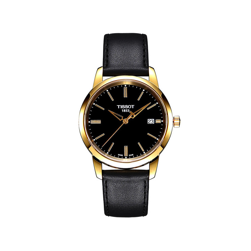 天梭tissot梦幻系列简约时尚商务金边黑盘黑色皮带石英男表t